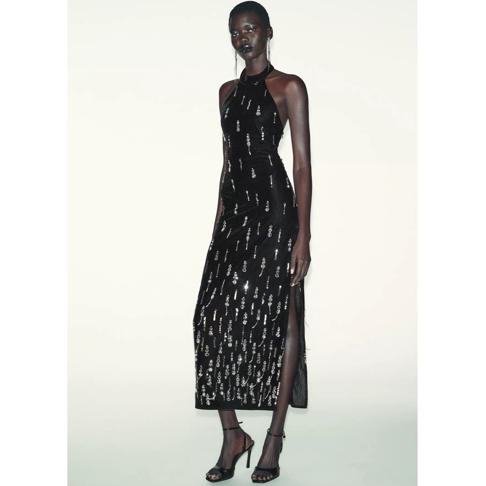 Zara BEADED VELVET MIDI DRESS